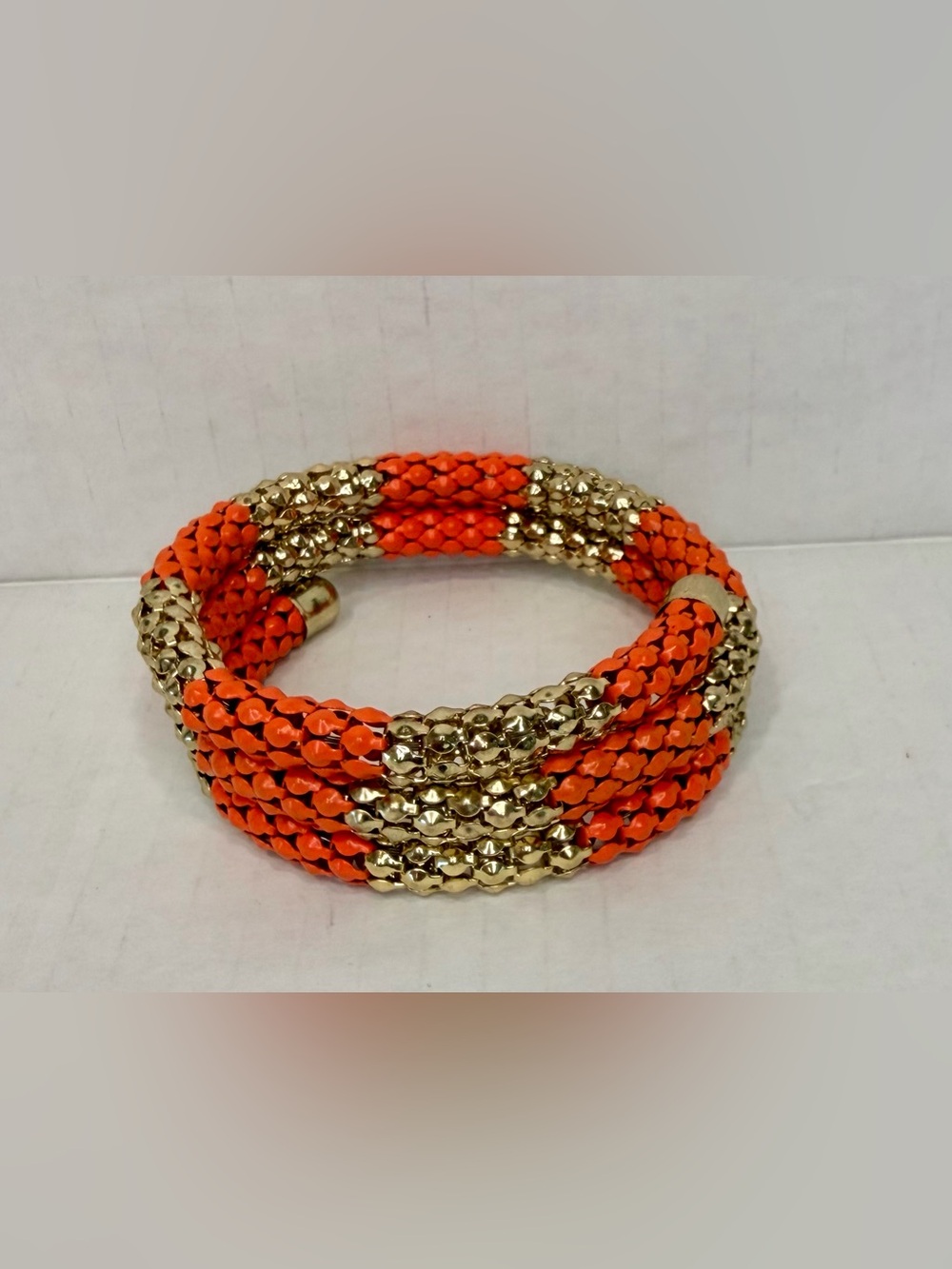 Vtg Metal Mesh Coil Bracelet Bangle Orange Enamel Detail GoldTone